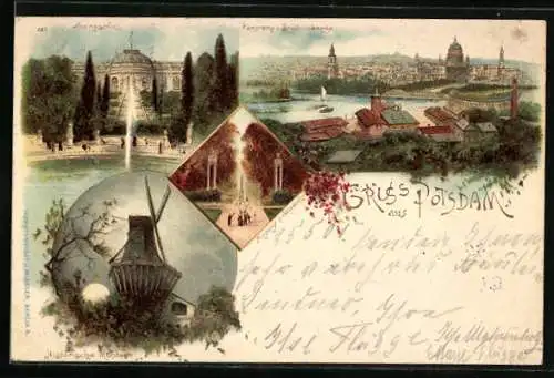 Lithographie Potsdam, Historische Mühle, Panorama v.Brauhausberge, Sanssouci, Eingang n.Sanssouci