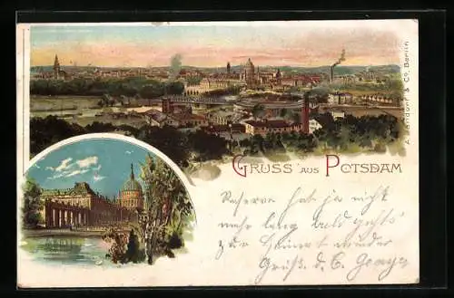 Lithographie Potsdam, Panoramablick auf die Stadt
