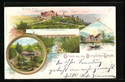 Lithographie Müngsten, Schloss Burg, Kaiser-Wilhelm-Brücke, Ortspartie mit Landhäusern
