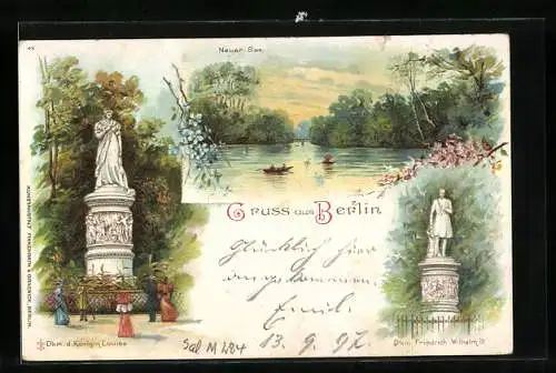 Lithographie Berlin-Tiergarten, Neuer See, Denkmal d. Königin Louise, Denkmal Friedrich Wilhelm III.
