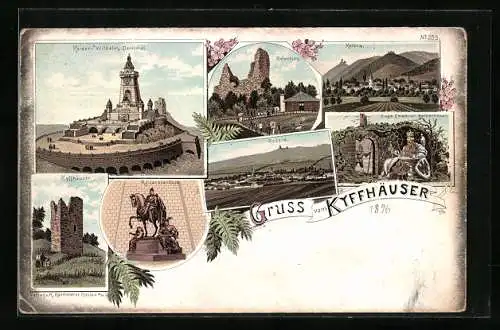Lithographie Rossla, Kyffhäuser mit Reiterstandbild, Sage Friedrich Barbarossa und Rotenburg