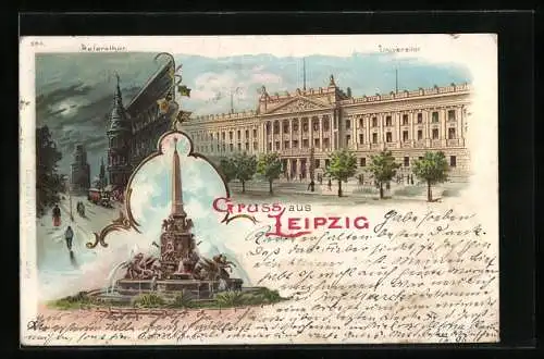 Lithographie Leipzig, Mendebrunnen, Universität