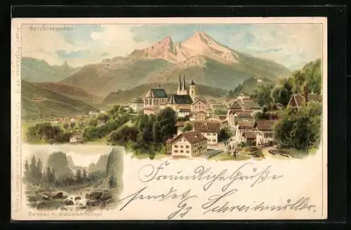 Lithographie Berchtesgaden, Gesamtansicht, Ramsau mit Mühlstützhörner