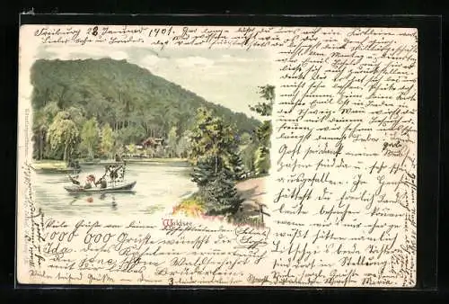 Lithographie Freiburg /Breisgau, Waldsee mit Booten