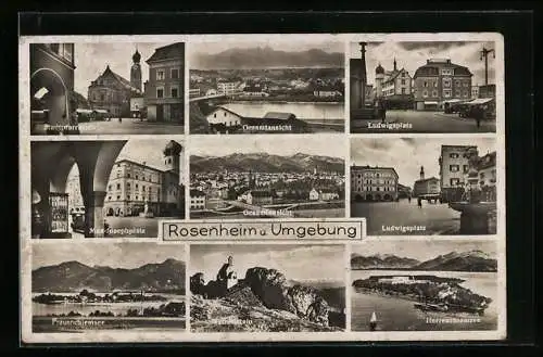 AK Rosenheim, Teilansichten mit Ludwigsplatz, Stadtpfarrkirche, Max-Josephplatz