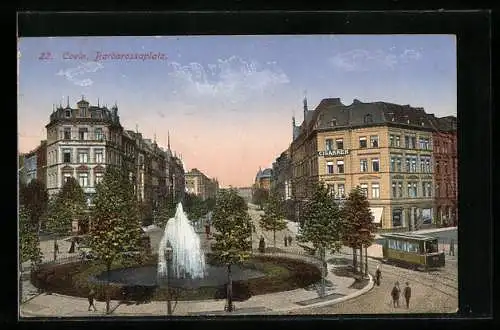 AK Köln, Strassenbahn und Wasserkunst auf dem Barbarossaplatz