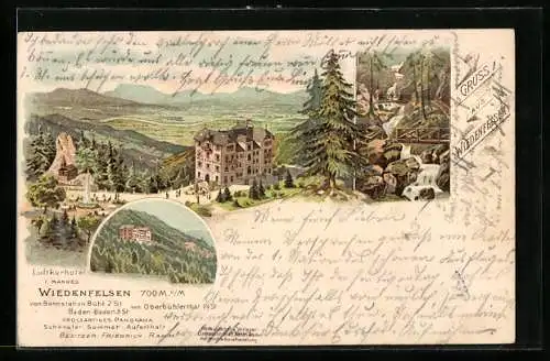 Lithographie Bühlertal, Hotel Wiedenfelsen, Mehrfachansicht, Wasserfall