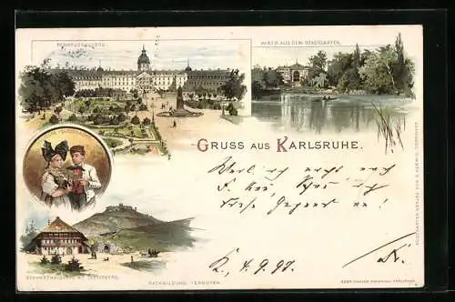 Lithographie Karlsruhe, das Residenzschloss, Stadtgartenpartie, Badische Volkstracht, Schwarzwaldhaus