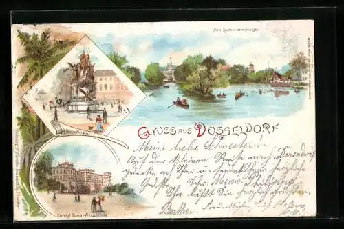 Lithographie Düsseldorf, Am Schwanenspiegel, Kunst-Akademie, Standbild Kaiser Wilhelm I.