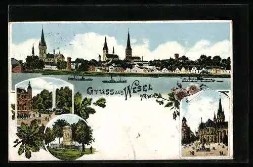 Lithographie Wesel a. Rh., Partie an der Kirche, Panorama vom Rhein aus