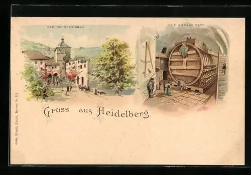 Lithographie Heidelberg, Ruprechtsbau, das grosse Fass