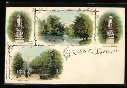 Lithographie Berlin-Tiergarten, Königin Louise-Denkmal, Friedrich Wilhelm III.-Denkmal, Rousseau-Insel, Goldfischteich