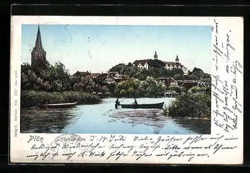 Goldfenster-AK Plön, Schwanensee mit Ortspanorama, mit leuchtenden Fenstern