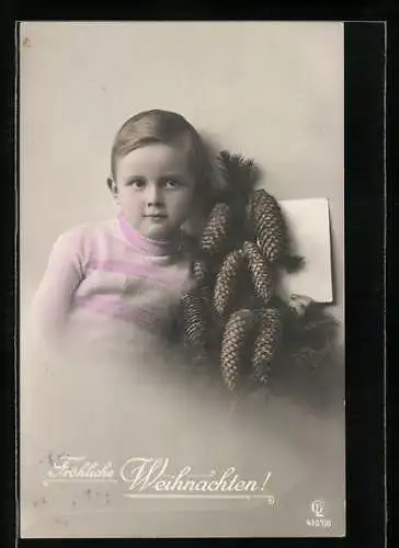 Foto-AK GL Co Nr. 4107 /6: Knabe und Tannenzapfen, Weihnachtsgruss