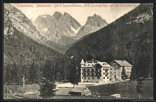 AK Schluderbach /Ampezzotal, Hotel Sigmundsbrunn mit den Cadinispitzen