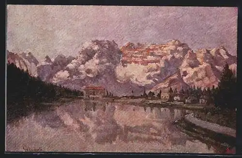 Künstler-AK Misurina, Lago di Misurina, Seepartie mit Sorapis