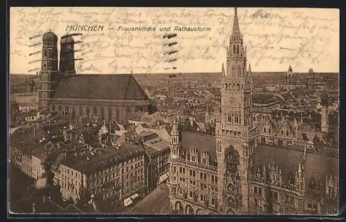 AK München, Frauenkirche und Rathausturm aus der Vogelschau