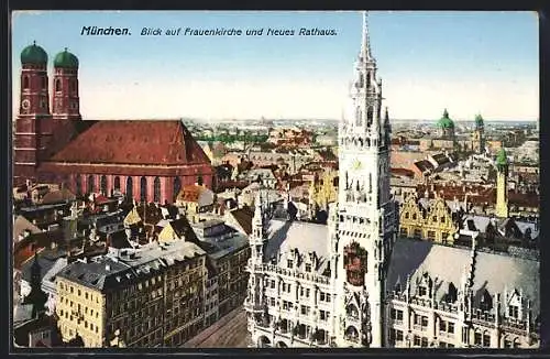 AK München, Frauenkirche und Neues Rathaus aus der Vogelschau
