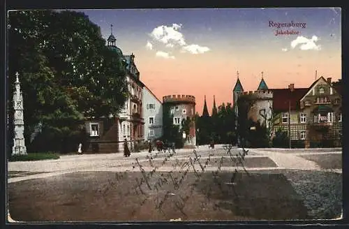 AK Regensburg, Jakobstor mit Denkmal