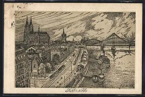 Künstler-AK Köln a. Rh., Uferpartie mit Dom und Strassenbahn