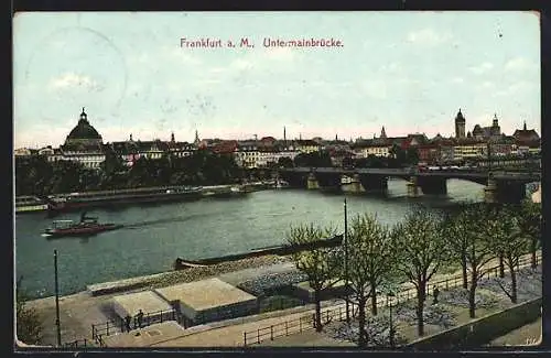 AK Frankfurt a. M., Untermainbrücke mit Stadtpanorama