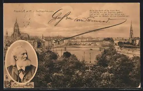AK Frankfurt a. M.-Sachsenhausen, Verse und Portrait F. Stoltze, Panorama mit Brücke
