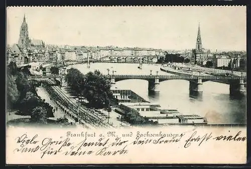 AK Frankfurt a. M., Ortsansicht mit Sachsenhausen und Brücken aus der Vogelschau