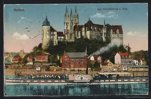 AK Meissen, Kgl. Albrechtsburg und Dom mit Elbe-Dampfer Dresden