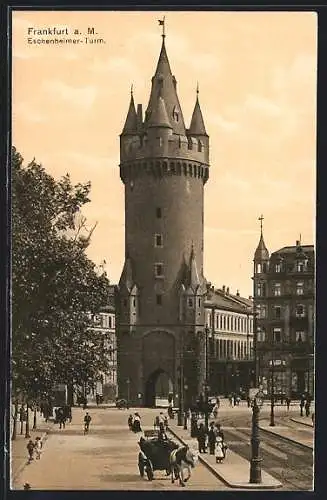 AK Frankfurt a. Main, Passanten und Pferdekutsche vor dem Eschenheimer Turm