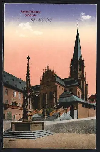 AK Aschaffenburg, Blick auf Stiftskirche mit Brunnen