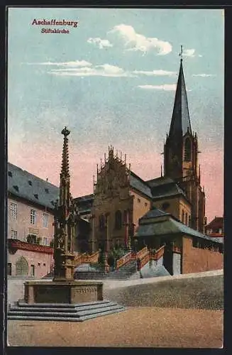 AK Aschaffenburg, Stiftskirche mit Brunnen