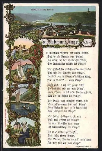 AK Bingen am Rhein, Teilansicht mit Denkmal, Kirche mit Frau, Segelboot