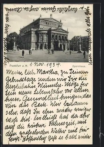 AK Frankfurt a. M., Opernhaus mit Denkmal
