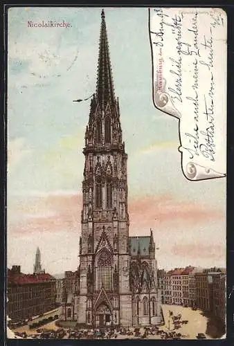 Lithographie Hamburg, Blick auf die Nicolaikirche und die Marktstände