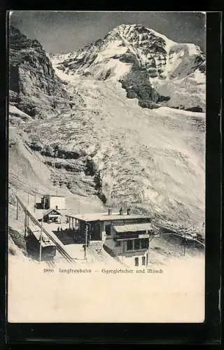 AK Station der Jungfraubahn, Blick auf Eigergletscher und Mönch