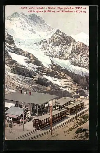 AK Eigergletscher, Bergbahn mit Station, Jungfrau und Silberhorn