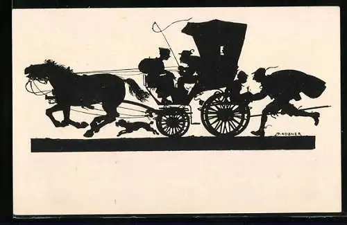 Künstler-AK Josef Madlener: Eilige Fahrt, Schattenbild einer schnell fahrenden Kutsche
