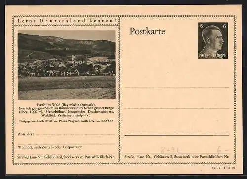 AK Furth im Wald, Ortsansicht mit Umgebung, Ganzsache Lernt Deutschland kennen