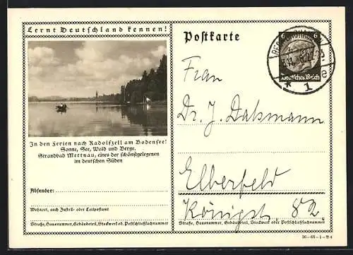 AK Radolfzell am Bodensee, Ruderboot auf dem See, Ganzsache Lernt Deutschland kennen