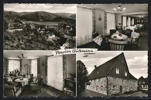 AK Dörnholthausen / Sauerland, Pension Bültmann, Innen- und Aussenansichten, Ortsansicht