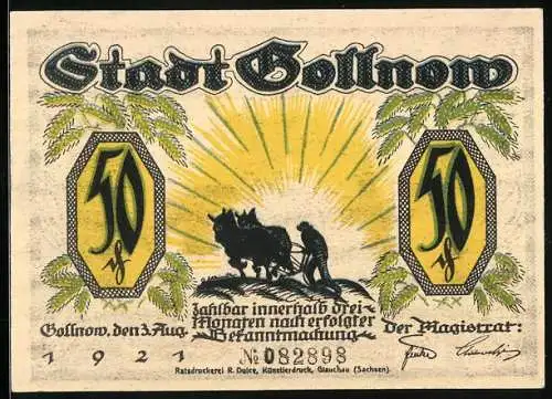 Notgeld Gollnow 1921, 50 Pfennig, Bauer auf dem Feld, Wolf packt den Husaren