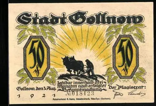 Notgeld Gollnow 1921, 50 Pfennig, Bauer auf dem Feld, Frau winkt anderer zu