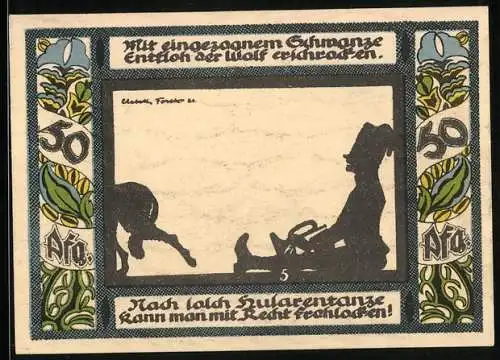 Notgeld Gollnow 1921, 50 Pfennig, Wolf flieht vor dem Husaren, Bauer auf dem Feld