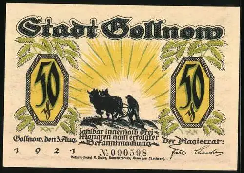 Notgeld Gollnow 1921, 50 Pfennig, Wolf flieht vor dem Husaren, Bauer auf dem Feld