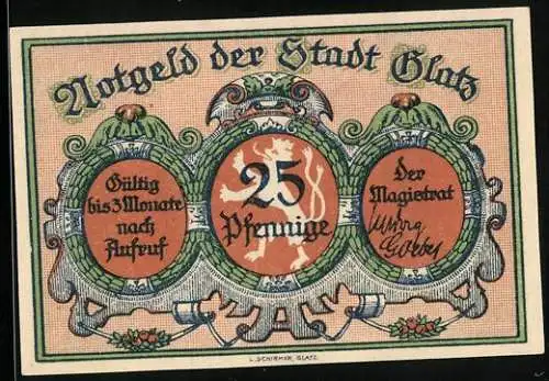 Notgeld Glatz, 25 Pfennig, Strassenpartie mit Tor, Stadtwappen