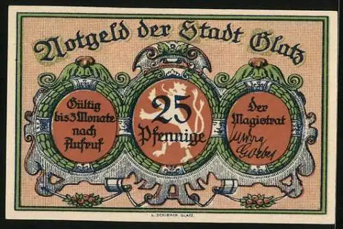 Notgeld Glatz, 25 Pfennig, Böhmisches Tor, Stadtwappen