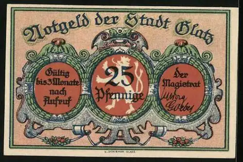 Notgeld Glatz, 25 Pfennig, Ortspartie, Stadtwappen