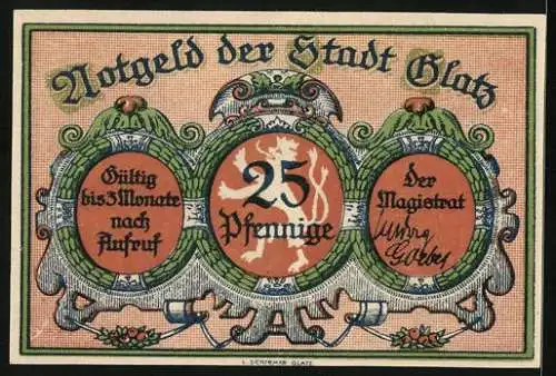 Notgeld Glatz, 25 Pfennig, Strassenpartie mit Tor, Stadtwappen