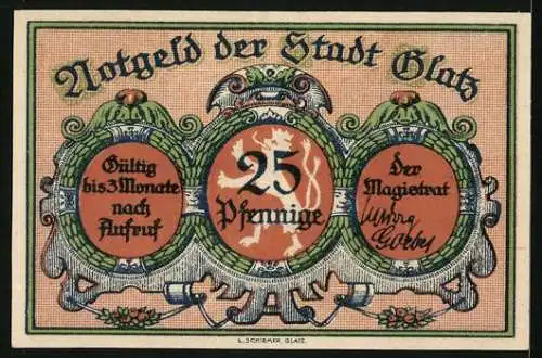 Notgeld Glatz, 25 Pfennig, Ortspartie, Stadtwappen