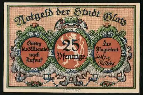 Notgeld Glatz, 25 Pfennig, Blick zur Kirche, Stadtwappen